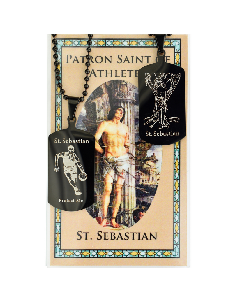 St. Sebastian Basketball Catholic Holy Cards and Catholic Necklace for Athlete and Athletic can be used by schools or students