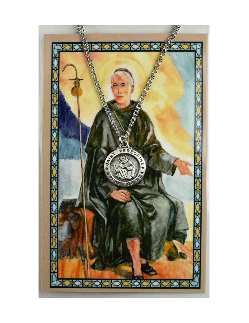 St. Peregrine Medal Necklace made from Pewter with a 24" Silvertone Chain compes with a Prayer Card a perfect collection or a gift to your parents family or friends during their birthdays holidays or any occasion