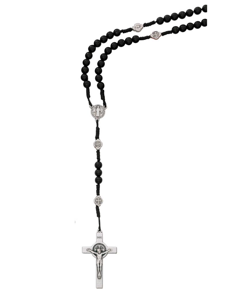 St, Benedict Rosary made with Black Wooden Beads St, Benedict Center and Crucifix made from oxidized silver finished with a St, Benedict Our father beads perfect personal collection or gift for mother father family and friends