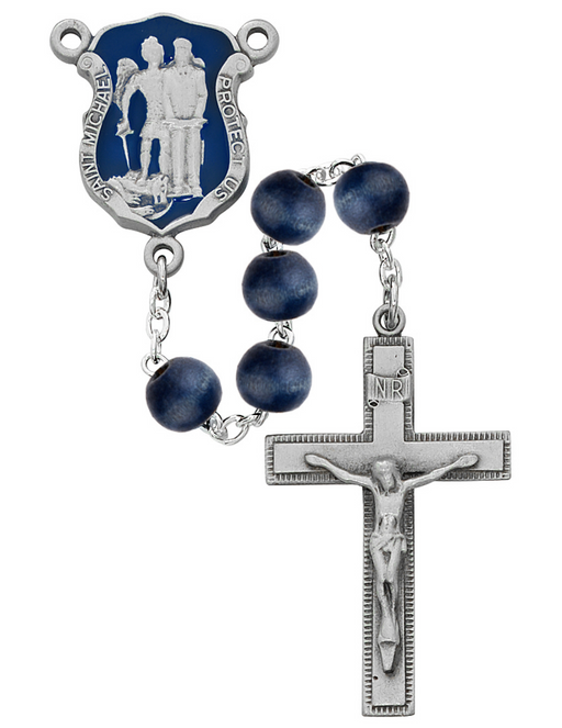 St. Michael Police Rosary made with a dark blue beads that features a Dark Blue Police Badge and Crucifix made from Pewter a perfect gift to your father brother family and friends during fathers day birthdays or any occasion