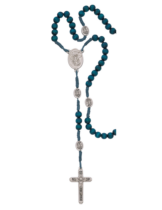 St. Michael Rosary made with Blue Wooden Beads St. Michael Center and Crucifix made from oxidized silver finished with a St. Michael Our father beads perfect personal collection or gift for mother father family and friends