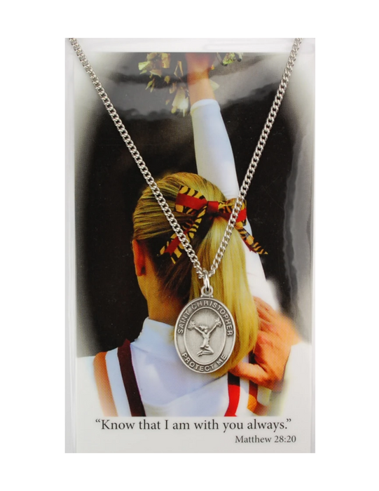St. Christopher Girls Cheerleading Necklace made from pewter and a 18" silvertone chain with a laminated prayer card perfect gift to girls who loves sports to your sister family and friends for birthdays or any occasion