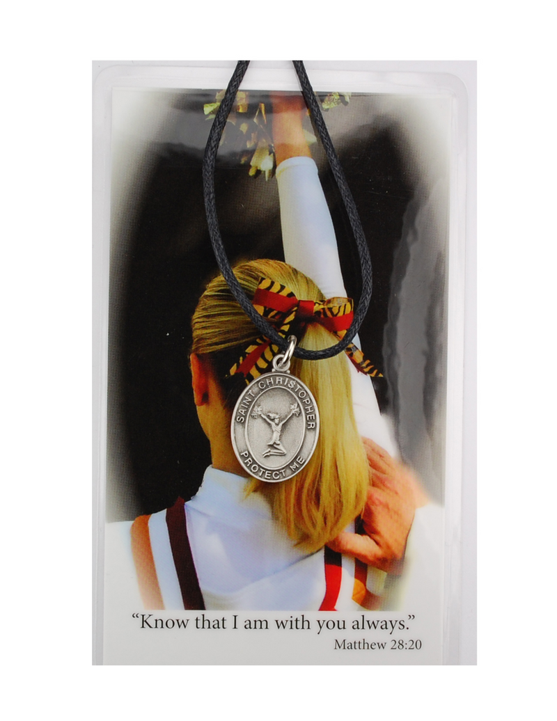 St. Christopher Girls Cheerleading Necklace made from pewter and a adjustable cord with a laminated prayer card perfect gift to girls who loves sports to your sister family and friends for birthdays or any occasion