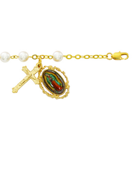 Gold Plated Our Lade of Guadalupe Bracelet with Pearl Beads and features and Our Lady of Guadalupe Medal and Crucifix a perfect gift to your mother sister family and friends on any occasion or celebration