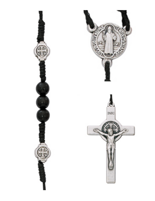 St, Benedict Rosary made with Black Wooden Beads St, Benedict Center and Crucifix made from oxidized silver finished with a St, Benedict Our father beads perfect personal collection or gift for mother father family and friends