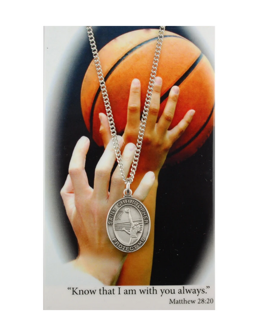 St. Christopher Girls Basketball Necklace made from pewter and a 18" silvertone chain with a laminated prayer card perfect gift to girls who loves sports to your sister family and friends for birthdays or any occasion