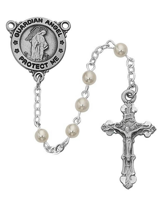 Pewter Crucifix and Engravable Guardian Angel Center Pearl Rosary