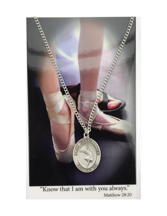 St. Christopher Girls Dance Necklace made from pewter and a 18" silvertone chain with a laminated prayer card perfect gift to girls who loves sports to your sister family and friends for birthdays or any occasion