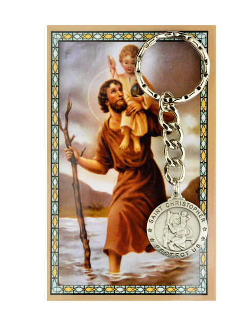 St. Christopher Keyring Holder made from pewter with a prayer guide card perfect gift to your family and friends for their birthdays or any occasion and celebration