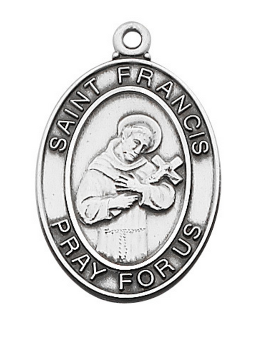 A Silver Medal of St. Francis of Assisi Patron Saint of Animals and Ecology with 24" Rhodium Silver Chain and engraved Pray for us phrase