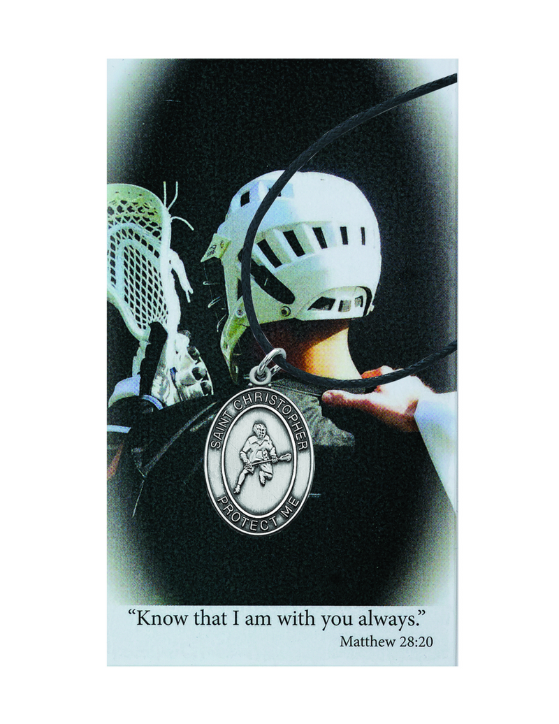 St. Christopher Boys Lacrosse Necklace made from pewter and an adjuistable cord with a laminated prayer card perfect gift to boys who loves sports to your brother family and friends for birthdays or any occasion