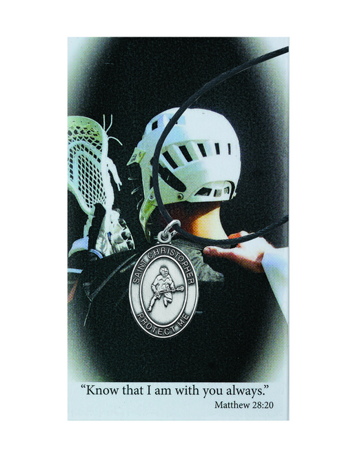 St. Christopher Boys Lacrosse Necklace made from pewter and an adjuistable cord with a laminated prayer card perfect gift to boys who loves sports to your brother family and friends for birthdays or any occasion