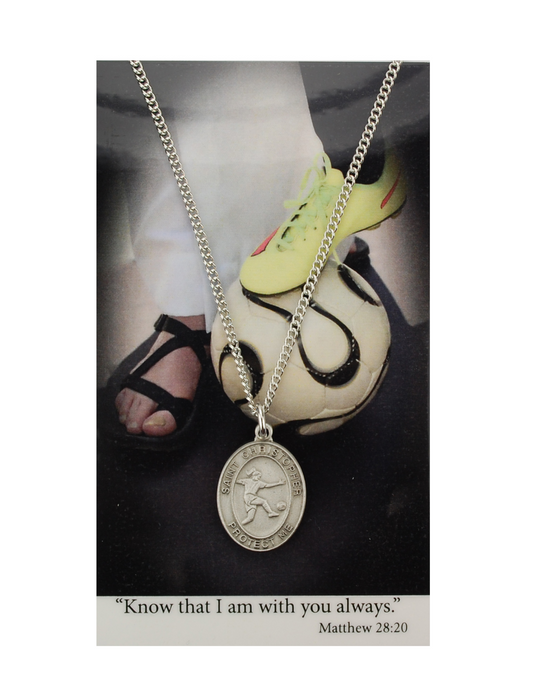St. Christopher Girls Soccer Necklace made from pewter and a 18" silvertone chain with a laminated prayer card perfect gift to girls who loves sports to your sister family and friends for birthdays or any occasion