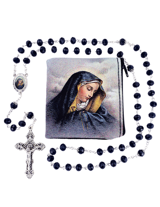 Our Lady of Sorrows Blue Crystal Rosary with Pouch