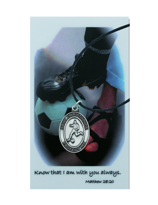 St. Christopher Boys Soccer Necklace made from pewter and a adjustable cord with a laminated prayer card perfect gift to boys who loves sports to your brother family and friends for birthdays or any occasion