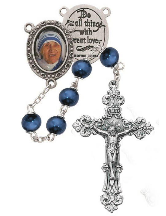 Mother of Teresa Rosary made from Blue pearl beads that features a  pewter decal Mother Teresa Center and an Oxidized Silver Crucifix perfect for your parents family and friends on any occassion