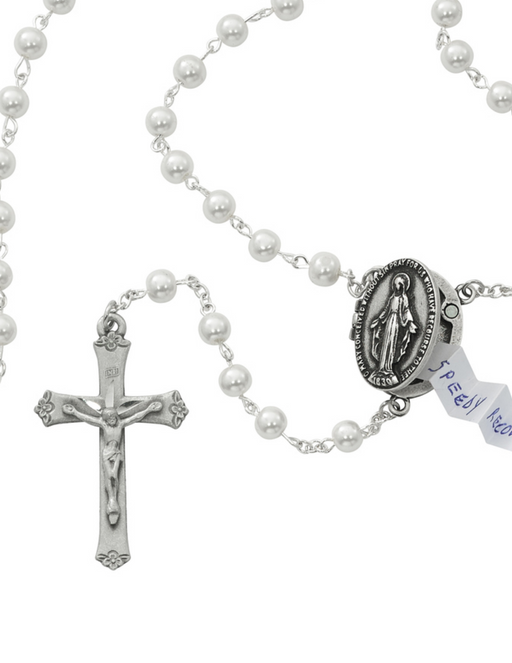 Prayer Locket Glass Pearl Beads Miraculous Rosary features a Miraculous Prayer Locket center for your petitions and and accented crucifix made from pewter a perfect gift to your parents family and friend in need
