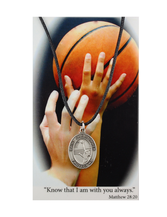 St. Christopher Girls Basketball Necklace made from pewter and a adjustable leather cord with a laminated prayer card perfect gift to girls who loves sports to your sister family and friends for birthdays or any occasion