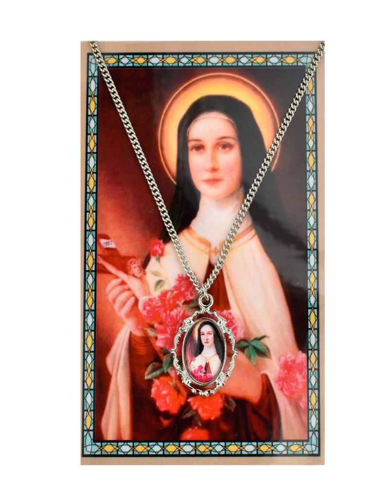St. Therese medal necklace with 18" Chain and Laminated Holy Card Set perfect gift to your family and friends on any occasion