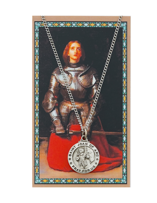 St. Joan of Arc Medal made from pewter with a 18" silver tone chain a perfect token or gift to someone special for their birthday christmas or any occasion
