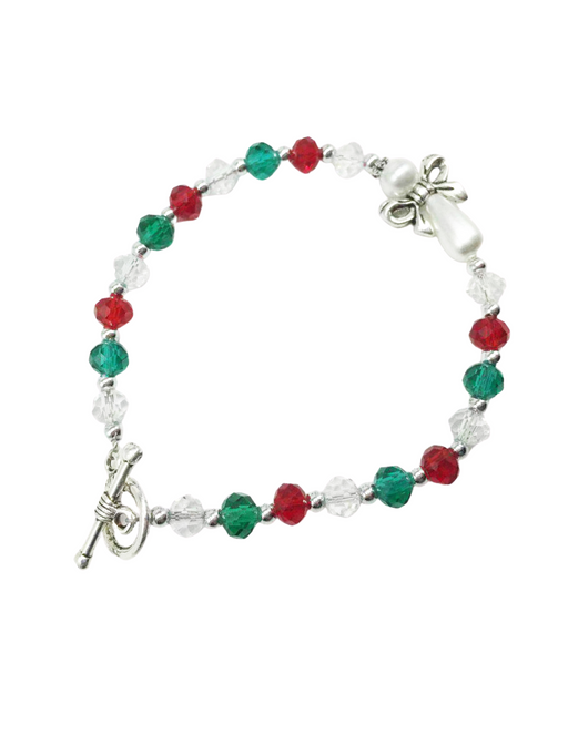 Christmas Angel Bracelet made from Green and red Crystal Beads features an angel pearl beads a perfect collection or a gift to your sister family friends for christmas any occasion or celebrations