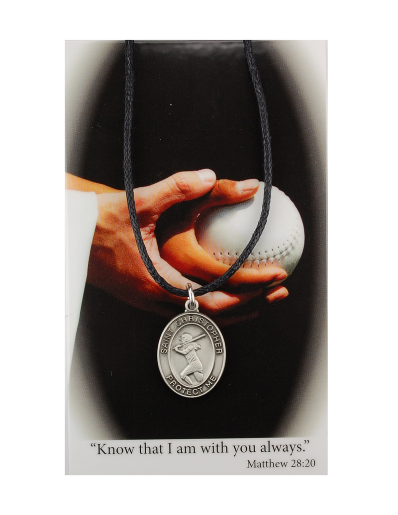 St. Christopher Girls softball Necklace made from pewter and a adjustable leather cord with a laminated prayer card perfect gift to girls who loves sports to your sister family and friends for birthdays or any occasion