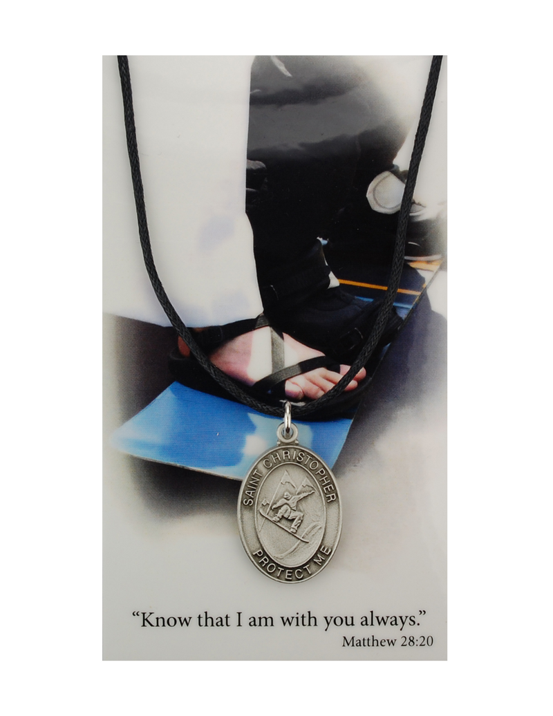 St. Christopher Boys Snowboard Necklace made from pewter and an adjuistable cord with a laminated prayer card perfect gift to boys who loves sports to your brother family and friends for birthdays or any occasion