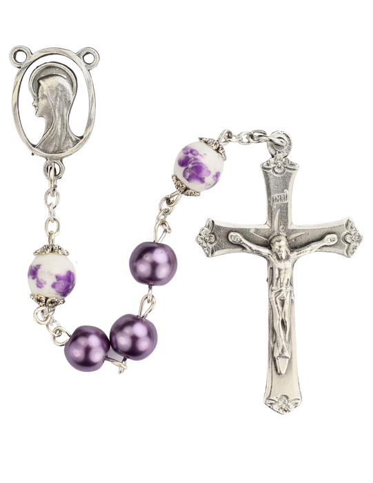 Miraculous Rosary made with Purple Pearl beads and Purple and White Ceramic Our Father Beads features a Miraculous Center and Crucifix made from Oxidized Silver a perfect gift to your mother sister family and friends on Mothers Day Birthday or any occasion