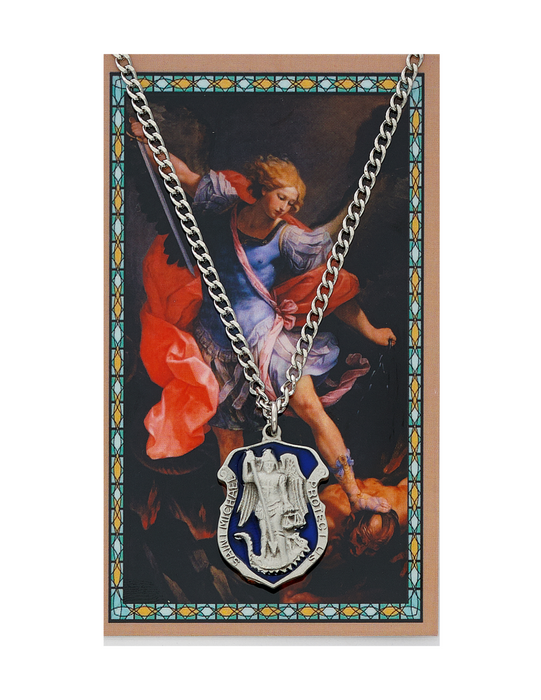 St. Michael Police Badge Medal made from blue enameled pewter with an 24" silver tone chain a perfect gift to you father brother family and friend for their birthday christmas or any occasion