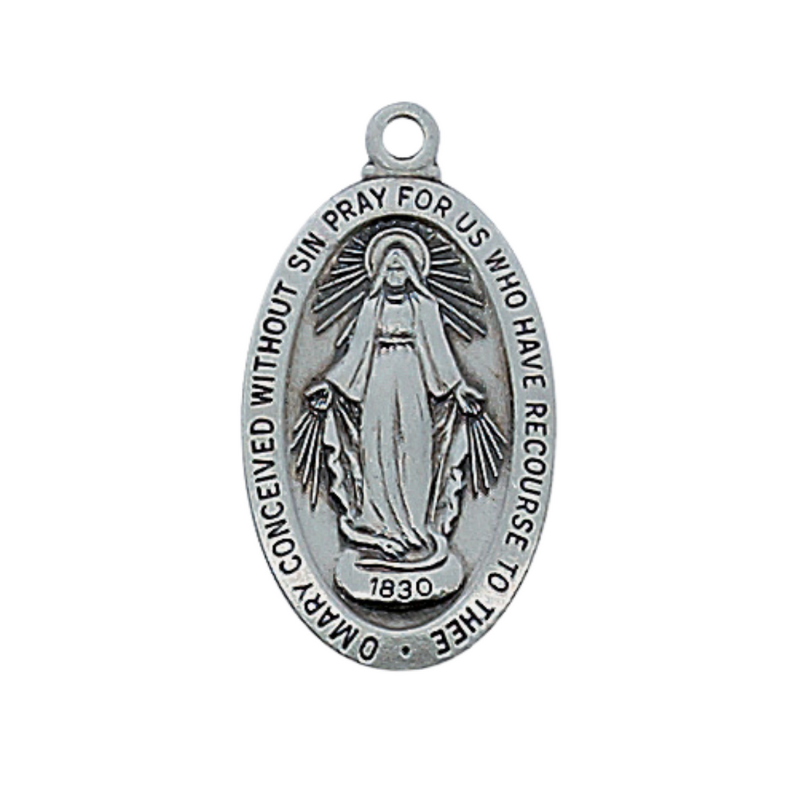 Antique Silver Oval Miraculous Medal w/ 18" Rhodium Plated Chain