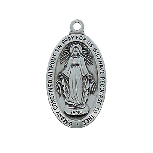 Antique Silver Oval Miraculous Medal w/ 18" Rhodium Plated Chain