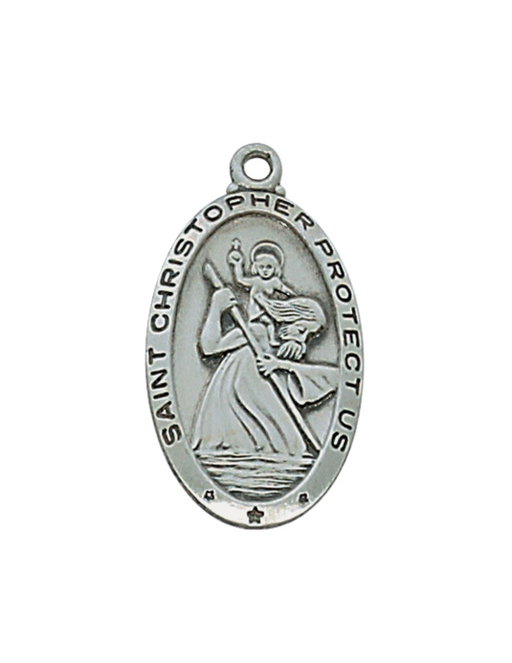 Oval Antique Silver St. Christopher Medal w/ 24" Rhodium Plated Chain St. Christopher Symbols, St. Christopher Medal, Medals for Protection, Catholic Gifts, 