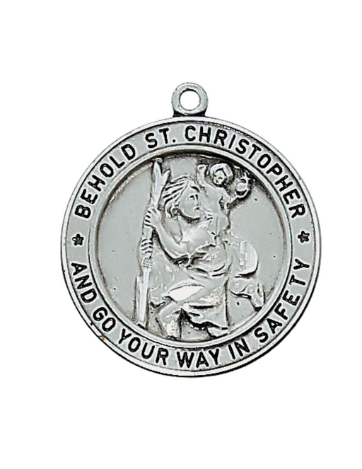 Antique Silver St. Christopher Round Medal w/ 24" Rhodium Plated Chain St. Christopher Symbols, St. Christopher Medal, Medals for Protection, Catholic Gifts
