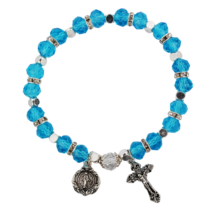 Aqua Crystal Beads Miraculous Medal Rosary Bracelet