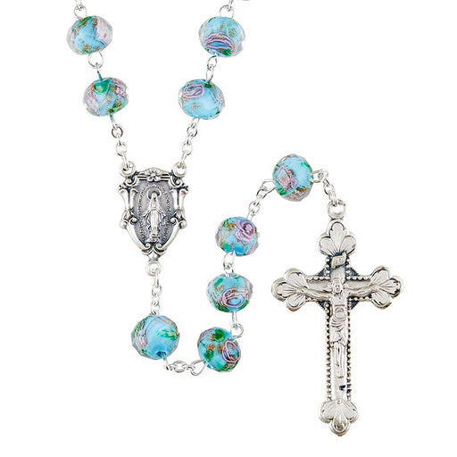 Aqua Hand Painted Rosary With Italian Miraculous Medal