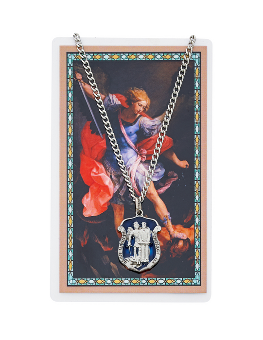 St. Michael - Police Badge Medal with 24" Chain and Laminated Holy Card Set Military Protection St. Michael Armed Forces Protection Armed Forces Guidance