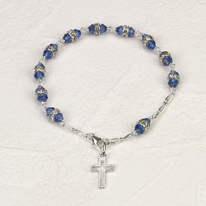 Sterling Silver Rosary Bracelet with 6mm Blue Swarovski Austrian Crystal 