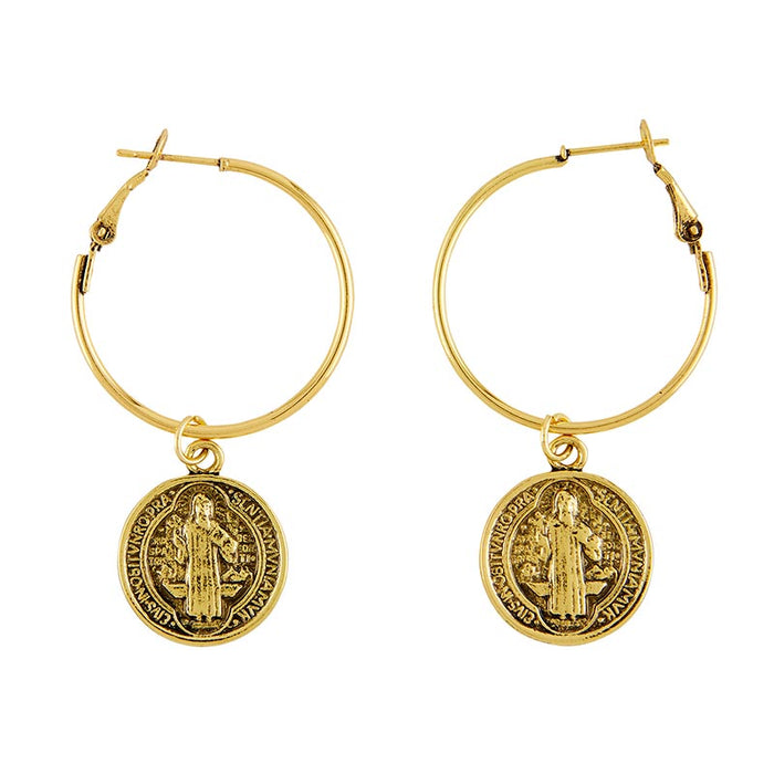 St. Benedict Vintage Gold Brass Hoop Earrings