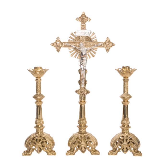 Juego de altar de crucifijo de 30" de latón macizo estilo barroco y candelabros de 17"