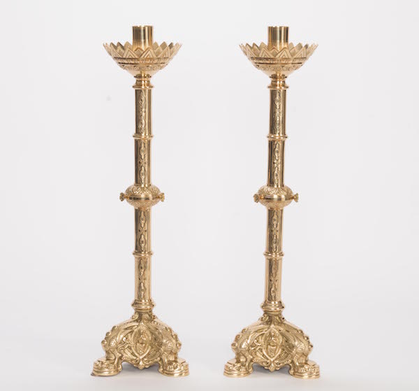 Baroque Style Solid Brass Crucifix and Candlesticks Altar Set