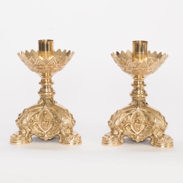 Baroque Style Solid Brass Crucifix and Candlesticks Altar Set