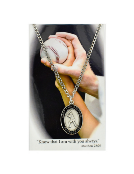 St. Christopher - Baseball Medal with 24" Chain and Laminated Holy Card Set