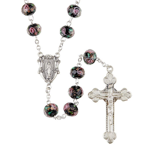 Black Hand Painted Rosary With Italian Miraculous Medal