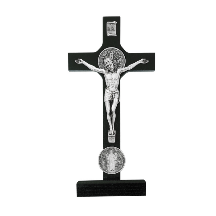 Black Stand Crucifix with Silver Tone St. Benedict Medal Black standing crucifix with a silver tone corpus