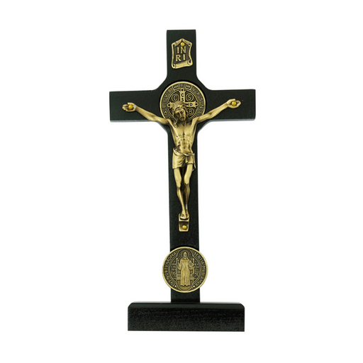 Black Stand St. Benedict Crucifix Black wood crucifix featuring a St. Benedict center.