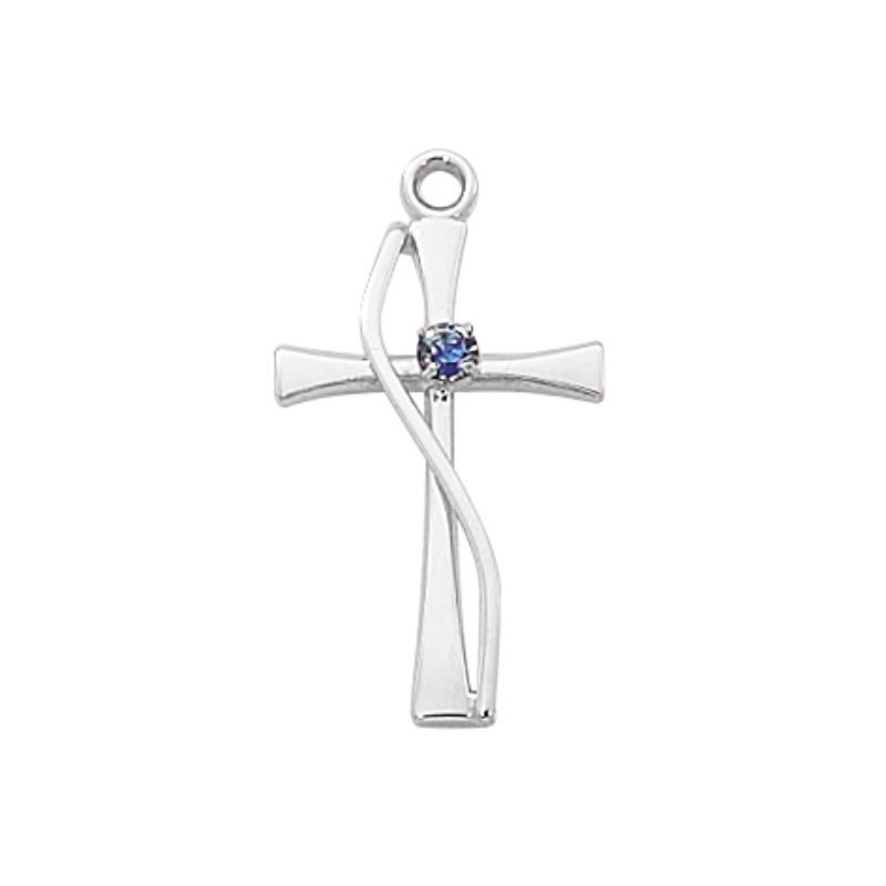 Blue Glass Stone on Sterling Silver Cross with 18" Rhodium Plated Chain