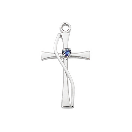 Blue Glass Stone on Sterling Silver Cross with 18" Rhodium Plated Chain