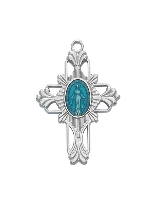 Blue Miraculous Medal Center Cross w/ 20" Rhodium Plated Chain our lady of miraculous medal power of the miraculous medal miraculous medal protection 