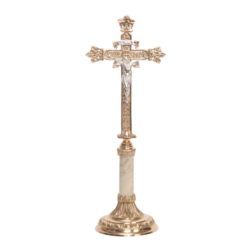 Brass Altar Crucifix with Marble Stem 14 1/2" Brass Altar Cross w/ Marble Stem with Silver Plated Corpus and INRI.