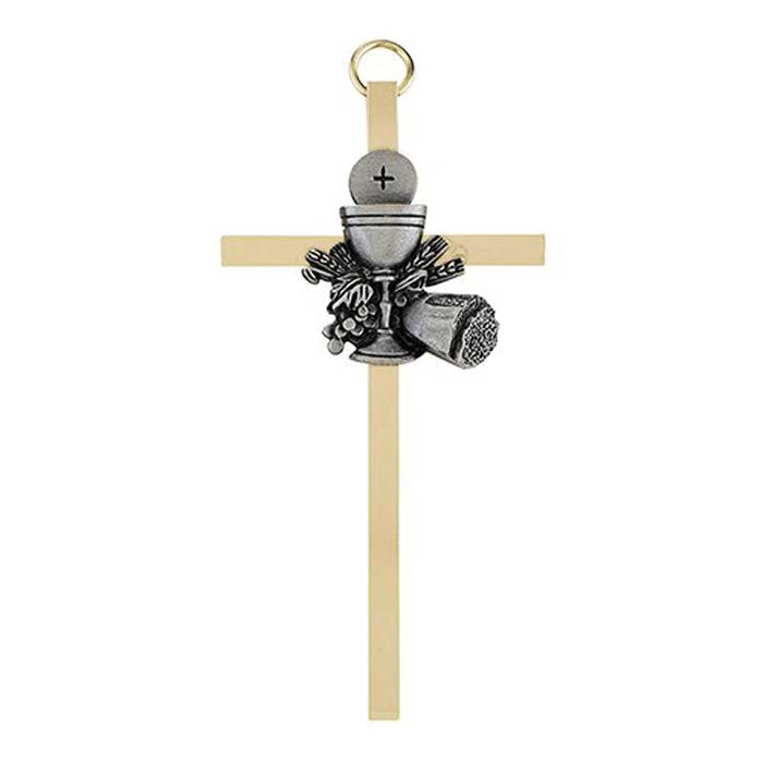 Brass Cross with First Communion Chalice Emblem